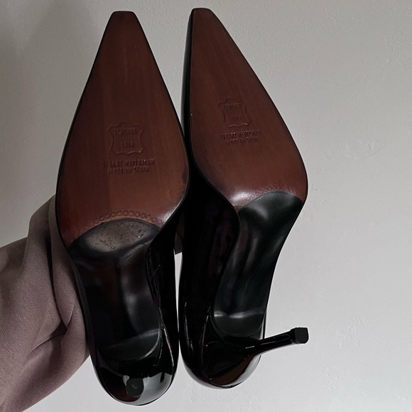 Stuart Weitzman Leopard Patent Leather Stiletto Pointy Toe Pumps - Picture 8 of 14